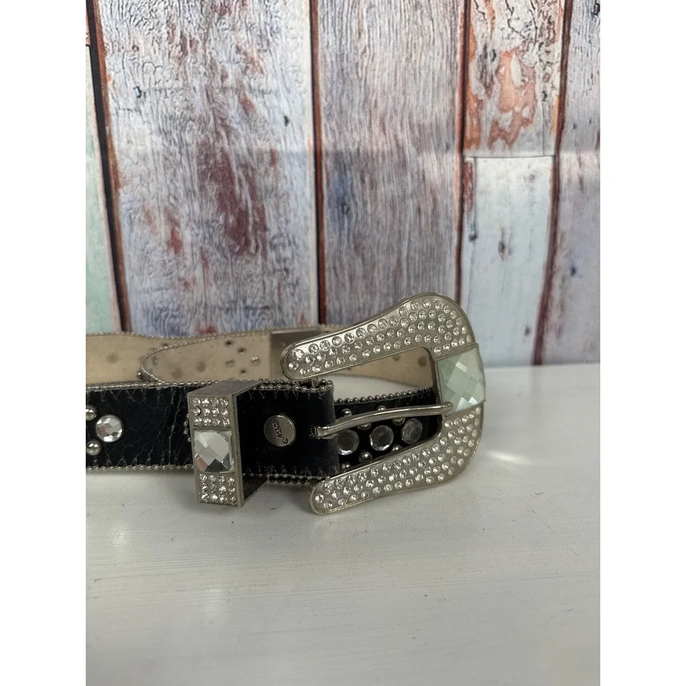 BHW Western Black Leather Crystal Studded Belt Silver Buckle VTG Womens M 402